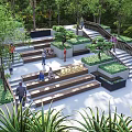 Outdoor Stairs With Greenery Trees And People Walking In Public Space
