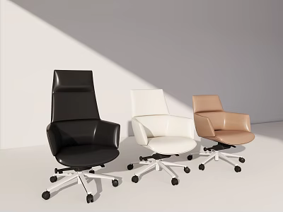 Three Modern Office Chairs Black White and Brown Leather Swivel Base Design 3d model