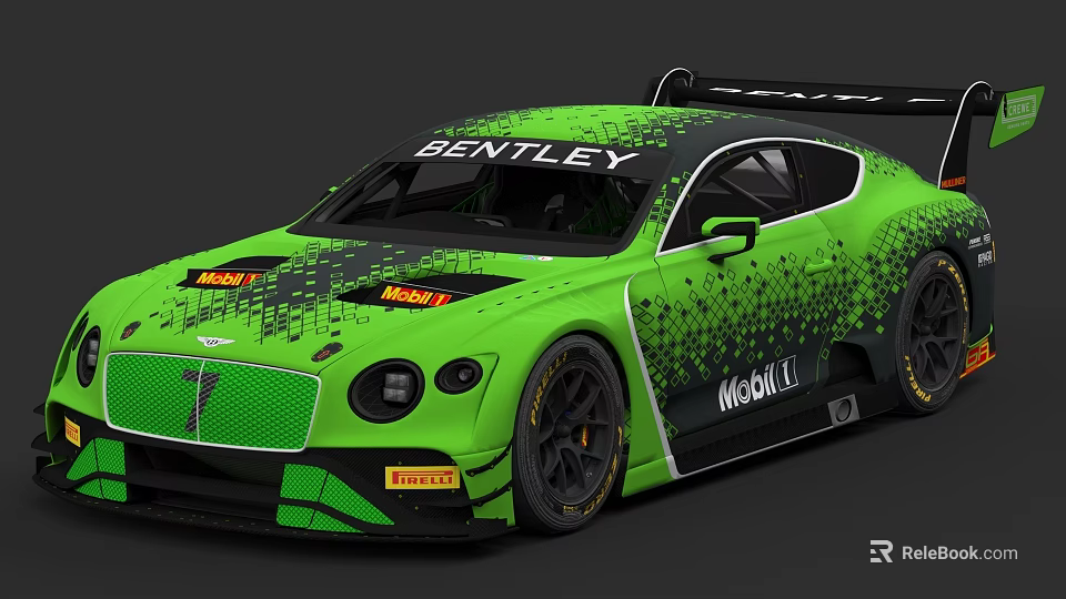 Green Bentley Race Car With Rear Wing Mobil 1 And Pirelli Logos 3d model 