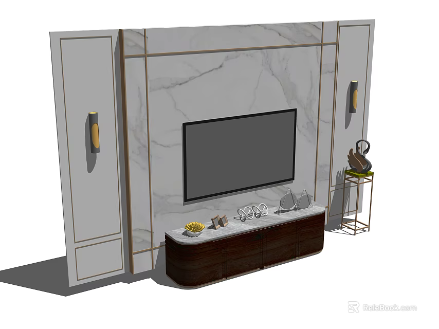 Modern TV Background Wall With Marble Panel TV Stand And Decorative Sconces 3d model