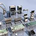 Diverse Medical Equipment Assortment Featuring Surgical Tables Instrument Stands And Trays