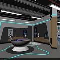 Modern Interactive Tech Experience Space With Circular Display Platform Blue Lines And Screens 3d model