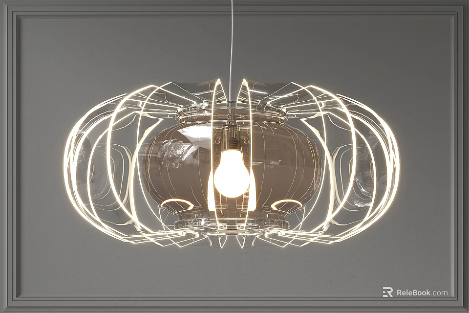 Modern Pendant Light With Circular Wire Frame Structure And Glowing Bulb Design 3d model 