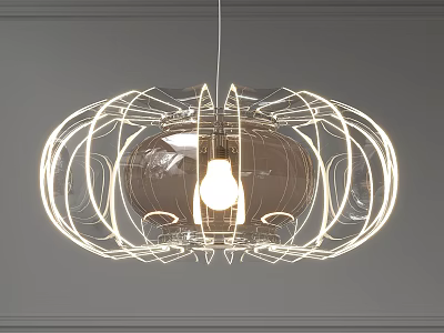 Modern Pendant Light With Circular Wire Frame Structure And Glowing Bulb Design 3d model