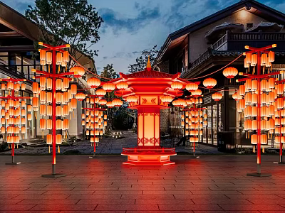 Illuminated Red Lanterns Art Installation With Traditional Pavilion And Architecture In Nighttime Courtyard 3d model