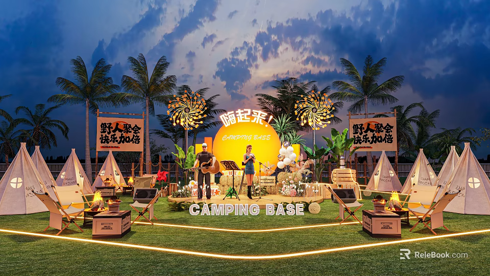 Camping Base Stage With Sunset Palm Trees Tents And Outdoor Fun Performers 3d model 