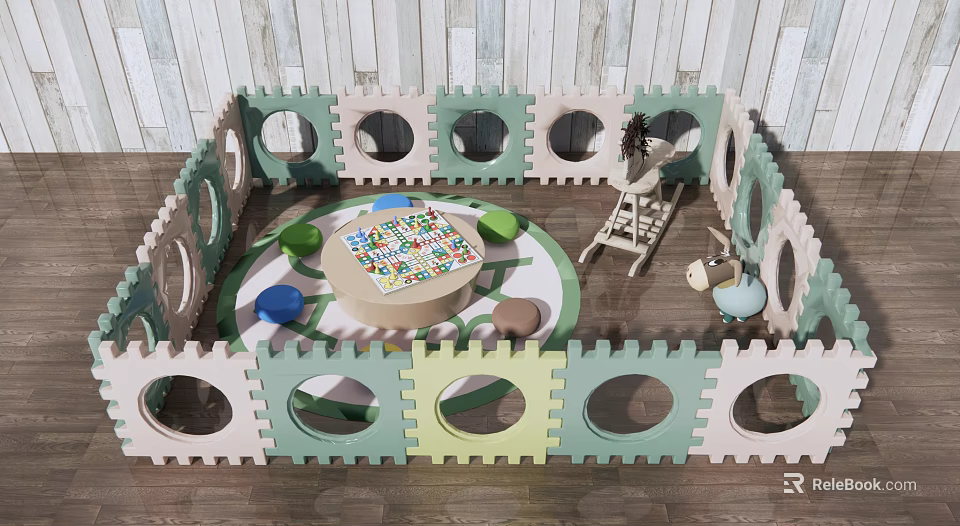 Kids Table With Colorful Puzzle Surrounded By Green Beige Play Fence Slide And Toys 3d model 