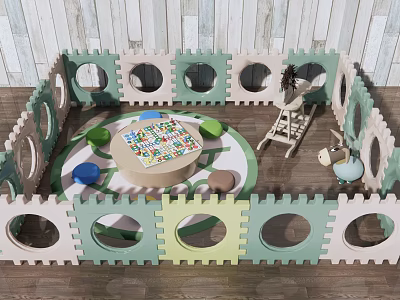 Kids Table With Colorful Puzzle Surrounded By Green Beige Play Fence Slide And Toys 3d model