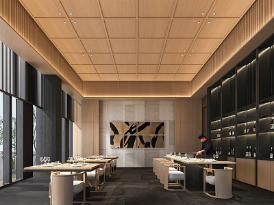 Modern Living Room Interior With Wooden Ceiling Large Windows Abstract Painting And Light Furniture 3d model