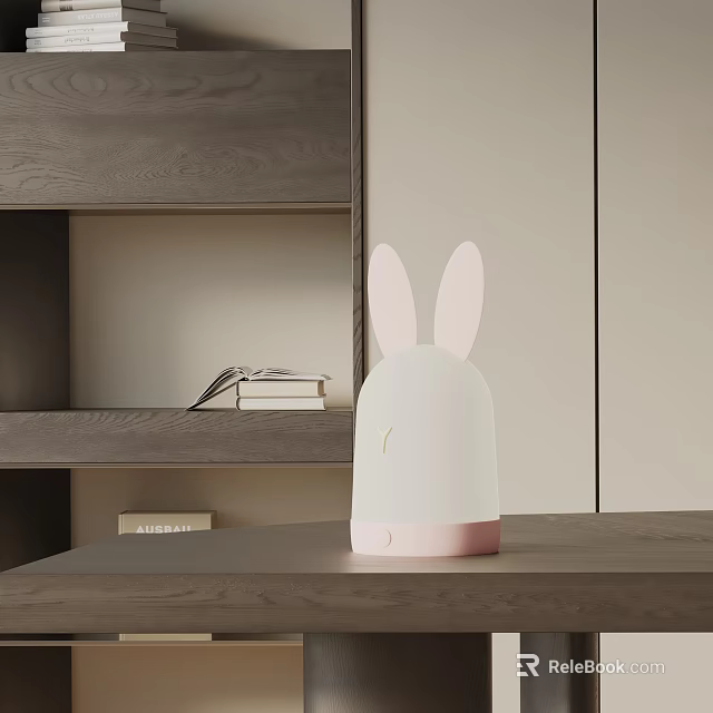 Cute Bunny Ear Table Lamp With White Pink Design On Wooden Table Near Bookshelf 3d model 