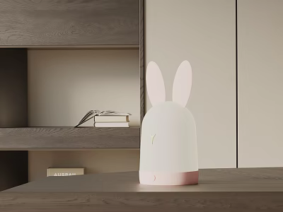 Cute Bunny Ear Table Lamp With White Pink Design On Wooden Table Near Bookshelf 3d model