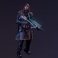 Hooded Character With Red Mask Holding Green Lighted Rifle In Dark Sci Fi Scene