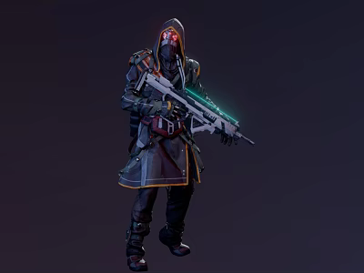 Hooded Character With Red Mask Holding Green Lighted Rifle In Dark Sci Fi Scene 3d model