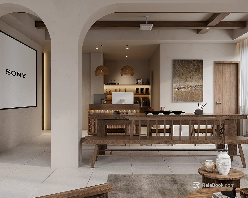 Warm Wabi Sabi Open Home Lounge With Archway Wooden Tea Table And Wall Projection Screen 3d model 