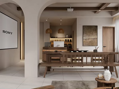 Warm Wabi Sabi Open Home Lounge With Archway Wooden Tea Table And Wall Projection Screen 3d model