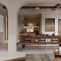 Warm Wabi Sabi Open Home Lounge With Archway Wooden Tea Table And Wall Projection Screen
