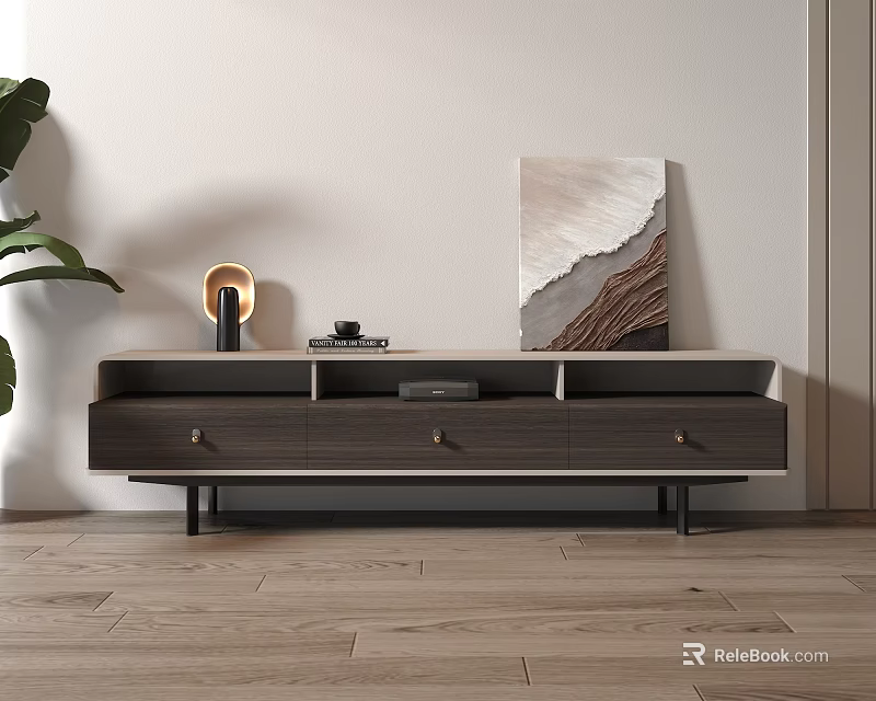Modern TV Stand In Living Room With Drawers Black Legs Decor Items And Wall Art 3d model 