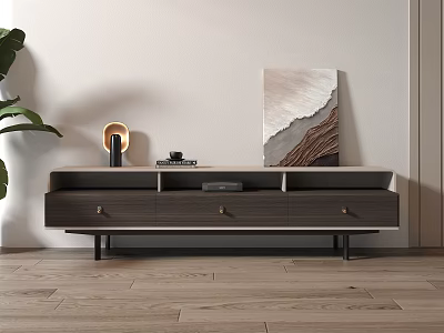Modern TV Stand In Living Room With Drawers Black Legs Decor Items And Wall Art 3d model