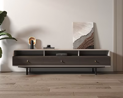 Modern TV Stand In Living Room With Drawers Black Legs Decor Items And Wall Art 3d model