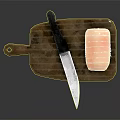 Fresh Salmon Fillet on Wooden Cutting Board with Sharp Kitchen Knife