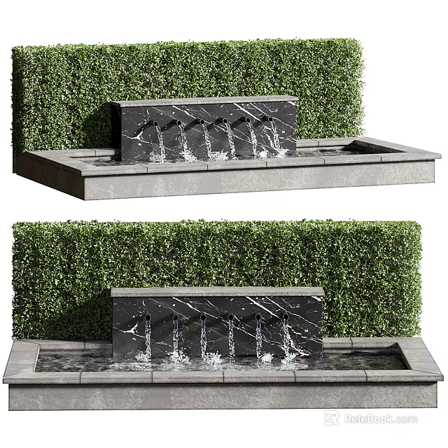 Garden Ornament Water Fountain With Marble Panel Green Hedge Wall And Flowing Water Streams 3d model 