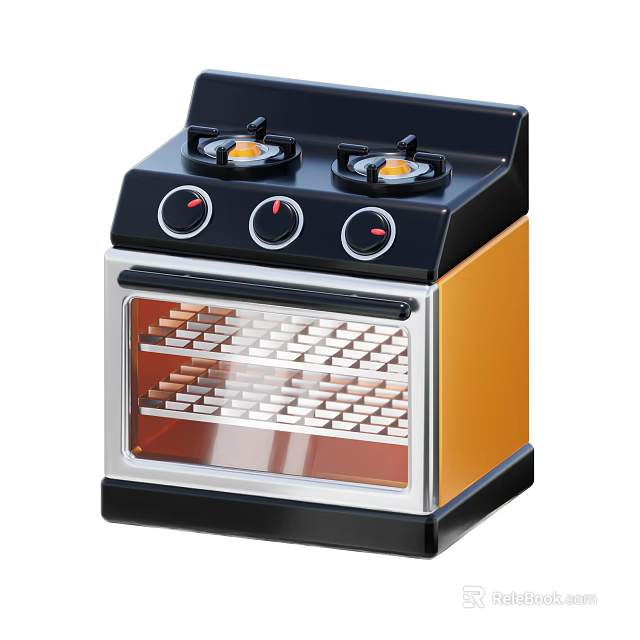 Kitchen Gas Stove With Oven Black Silver Orange Design Burners Knobs Glass Door Racks 3d model 