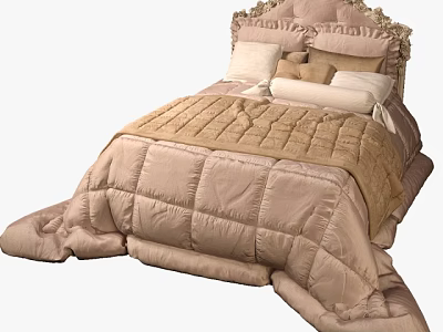 Cozy Beige Double Bed With Ruffled Headboard Multiple Pillows And Textured Comforter 3d model