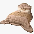 Cozy Beige Double Bed With Ruffled Headboard Multiple Pillows And Textured Comforter