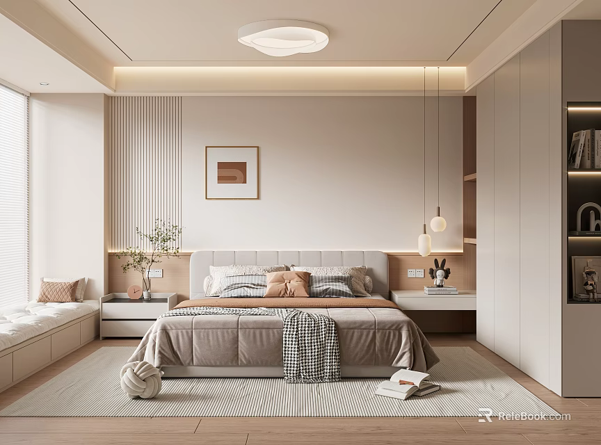 Modern Cozy Bedroom Interior With Bed Pillows Rug Wooden Floor And Decorative Painting 3d model 