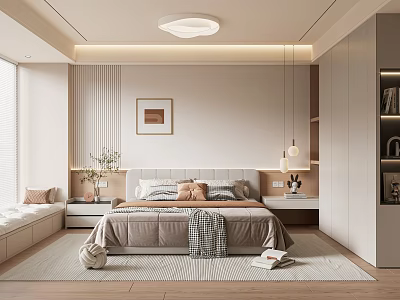 Modern Cozy Bedroom Interior With Bed Pillows Rug Wooden Floor And Decorative Painting 3d model