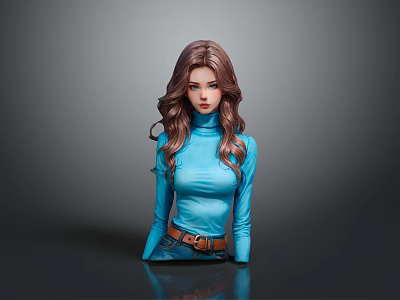 Realistic Game Movie Character With Long Brown Hair Blue Eyes Blue Top And Brown Belt 3d model