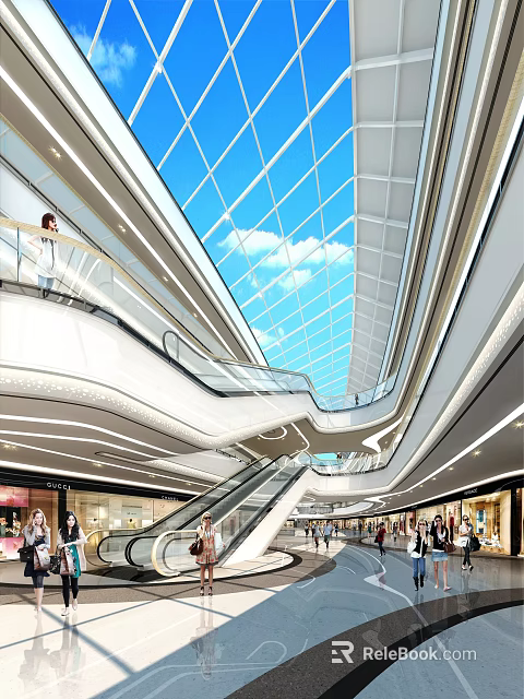 Modern Shopping Mall Atrium With Glass Ceiling Blue Sky Escalators And People Walking 3d model 