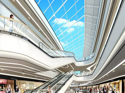Modern Shopping Mall Atrium With Glass Ceiling Blue Sky Escalators And People Walking 3d model