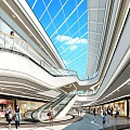 Modern Shopping Mall Atrium With Glass Ceiling Blue Sky Escalators And People Walking
