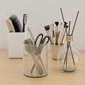 Silver And White Desk Organizers With Stationery Tools And Scented Candle