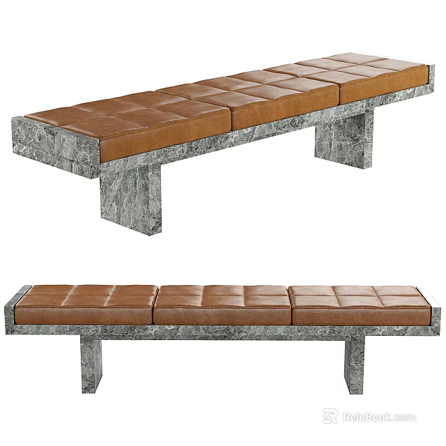 Modern Long Outdoor Chair With Brown Leather Tufted Seat And Gray Stone Frame 3d model 