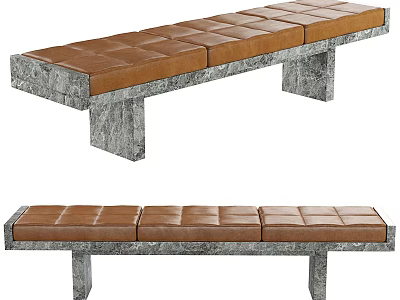 Modern Long Outdoor Chair With Brown Leather Tufted Seat And Gray Stone Frame 3d model