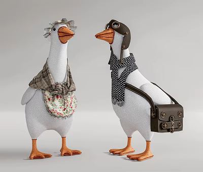 Cute Goose Dolls Wearing Hats Scarves Apron And Pilot Cap With Bag 3d model