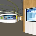 Modern Reception Area Design With Wooden Elements Marble Counter And Decorative Painting