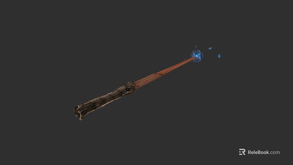 Magical Wooden Wand With Textured Handle And Blue Enchanting Light 3d model 