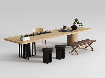 Modern Minimalist Long Wooden Tea Table With Chairs Round Stools Bench And Tea Set 3d model