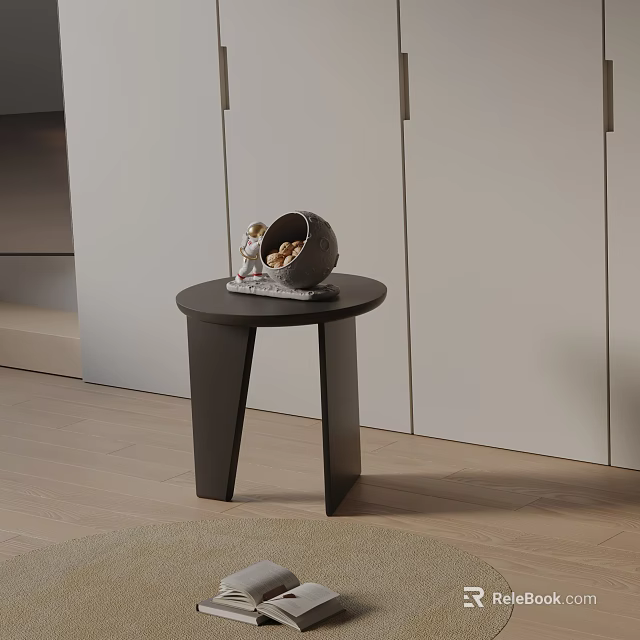 Modern Black Side Table With Round Top Unique Legs Decorative Bowl And Figurine 3d model 