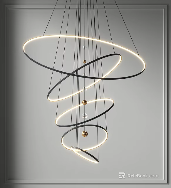 Modern Spiral Chandelier With Black Frame Multiple Rings LED Lights And Golden Balls 3d model 