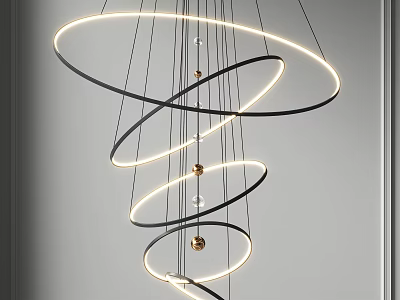 Modern Spiral Chandelier With Black Frame Multiple Rings LED Lights And Golden Balls 3d model