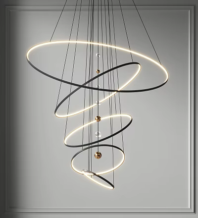 Modern Spiral Chandelier With Black Frame Multiple Rings LED Lights And Golden Balls 3d model