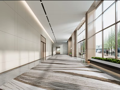 Modern Office Corridor With Floor to Ceiling Windows Trees Outside Light Walls Carpet Ceiling Lights 3d model