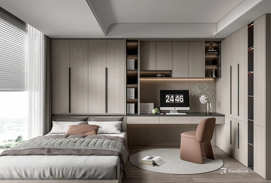 Modern Tatami Bedroom Interior With Cozy Bed Desk Chair And Storage Cabinets 3d model 