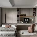 Modern Tatami Bedroom Interior With Cozy Bed Desk Chair And Storage Cabinets