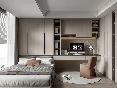 Modern Tatami Bedroom Interior With Cozy Bed Desk Chair And Storage Cabinets 3d model