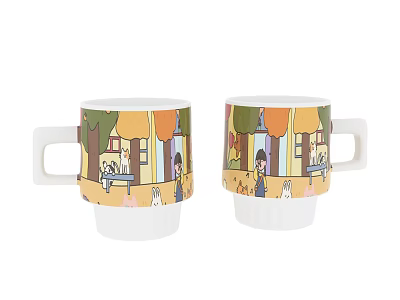Two Ceramic Mugs with Colorful Cartoon Shop Scenes Awning Windows People and Dogs 3d model